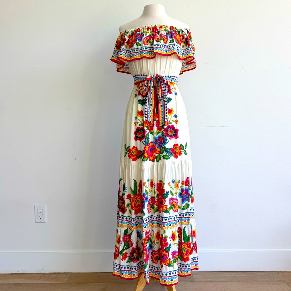 Flying Tomato Off Shoulder Ruffle Spanish Floral Dress